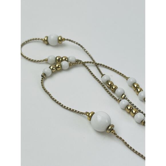 Liz Claiborne Gold Tone White Ball Bead Long Chain Necklace Station 80s Lobster - Picture 7 of 15